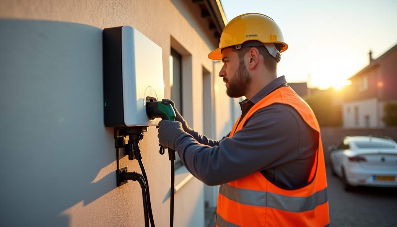 Électricien certifié IRVE en train d'installer une borne de recharge à Mazières-de-Touraine
