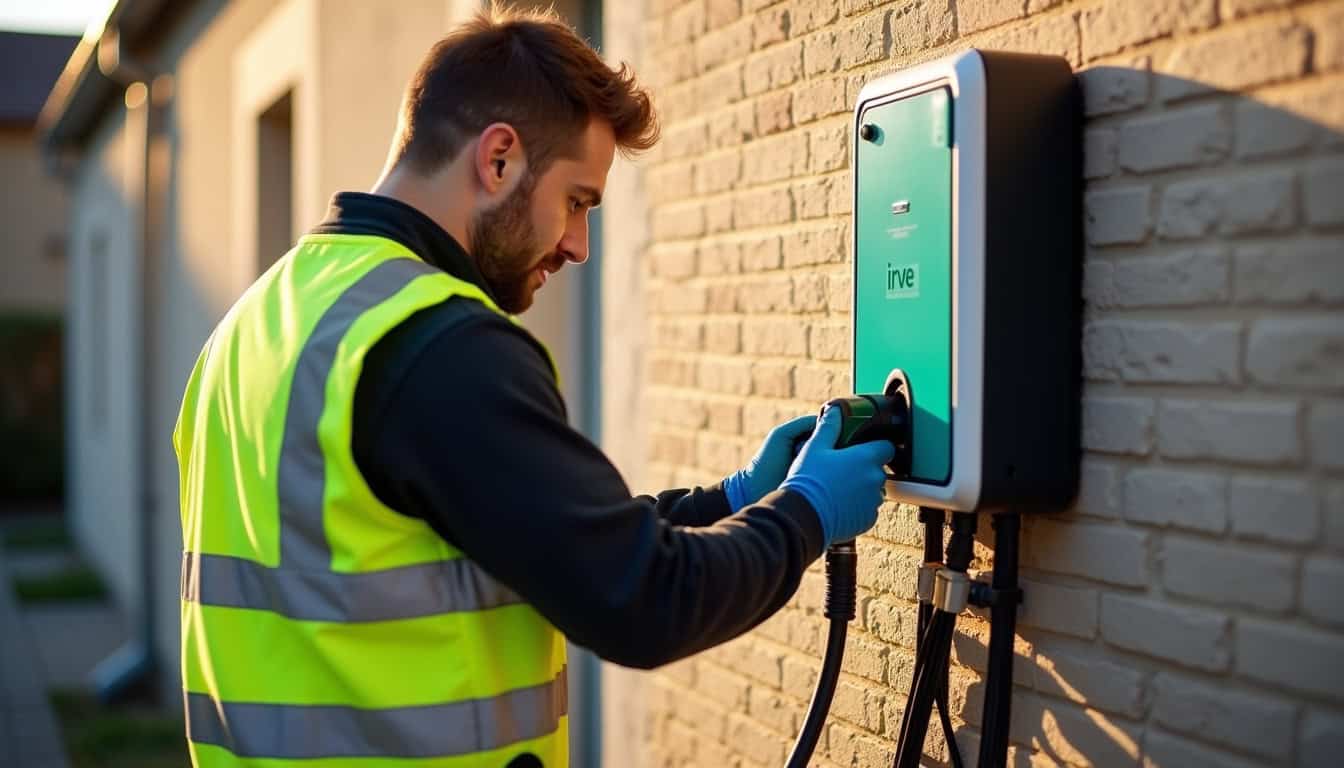 Électricien certifié IRVE en train d'installer une borne de recharge à Nueil-les-Aubiers