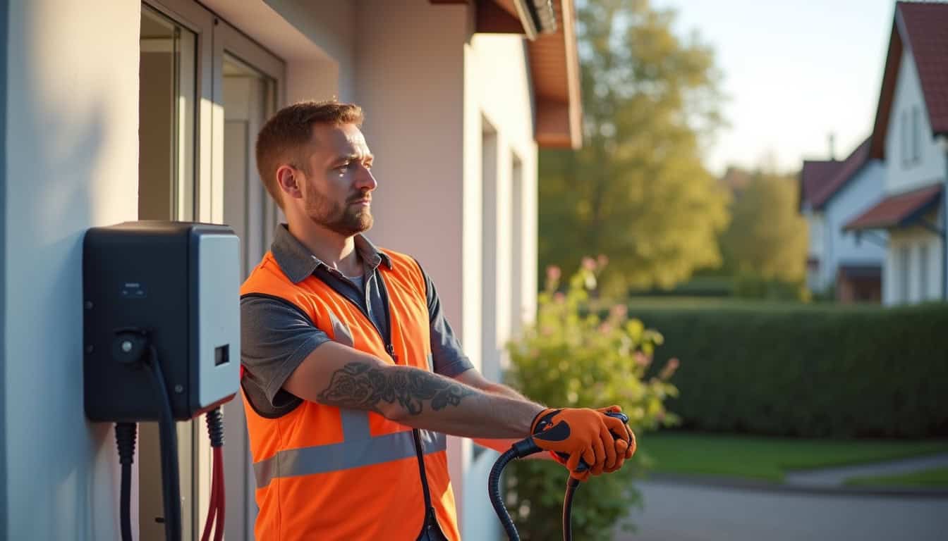 Électricien certifié IRVE en train d’installer une borne de recharge à Pfulgriesheim