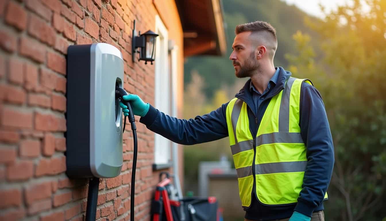 Électricien certifié IRVE en train d'installer une borne de recharge à Saint-Martin-du-Vivier