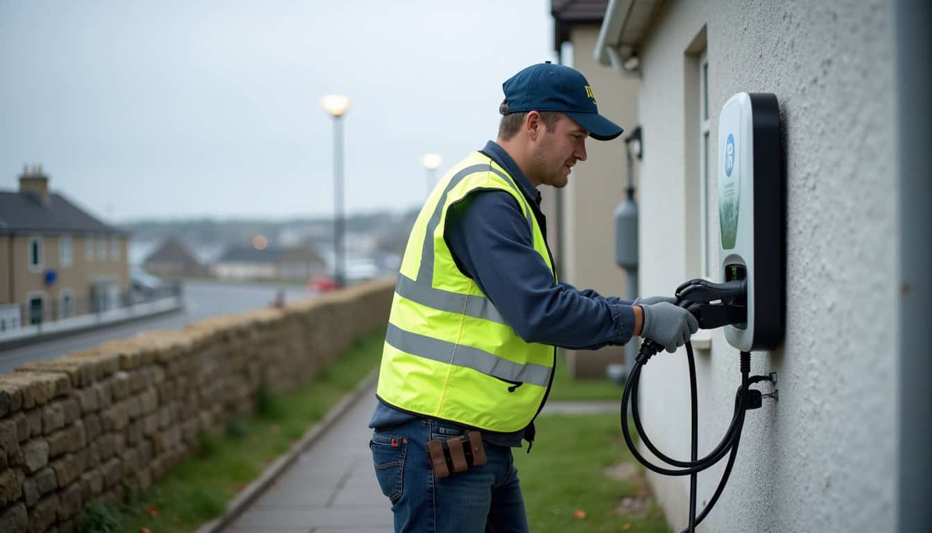 Électricien certifié IRVE en train d'installer une borne de recharge à Saint-Pol-de-Léon