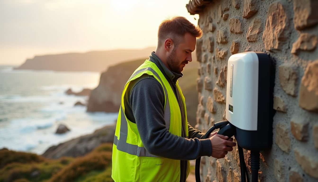 Électricien certifié IRVE en train d'installer une borne de recharge à Telgruc-sur-Mer