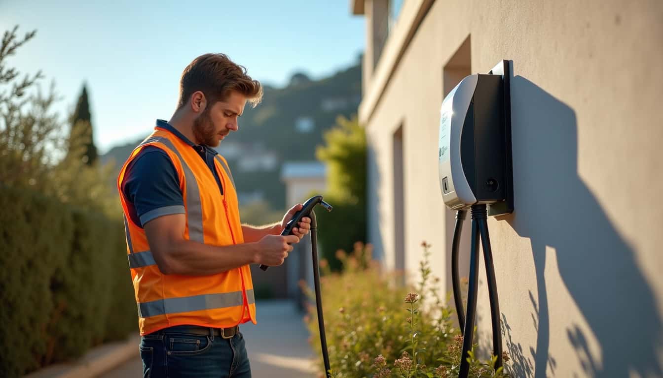 Électricien certifié IRVE en train d'installer une borne de recharge à Vence