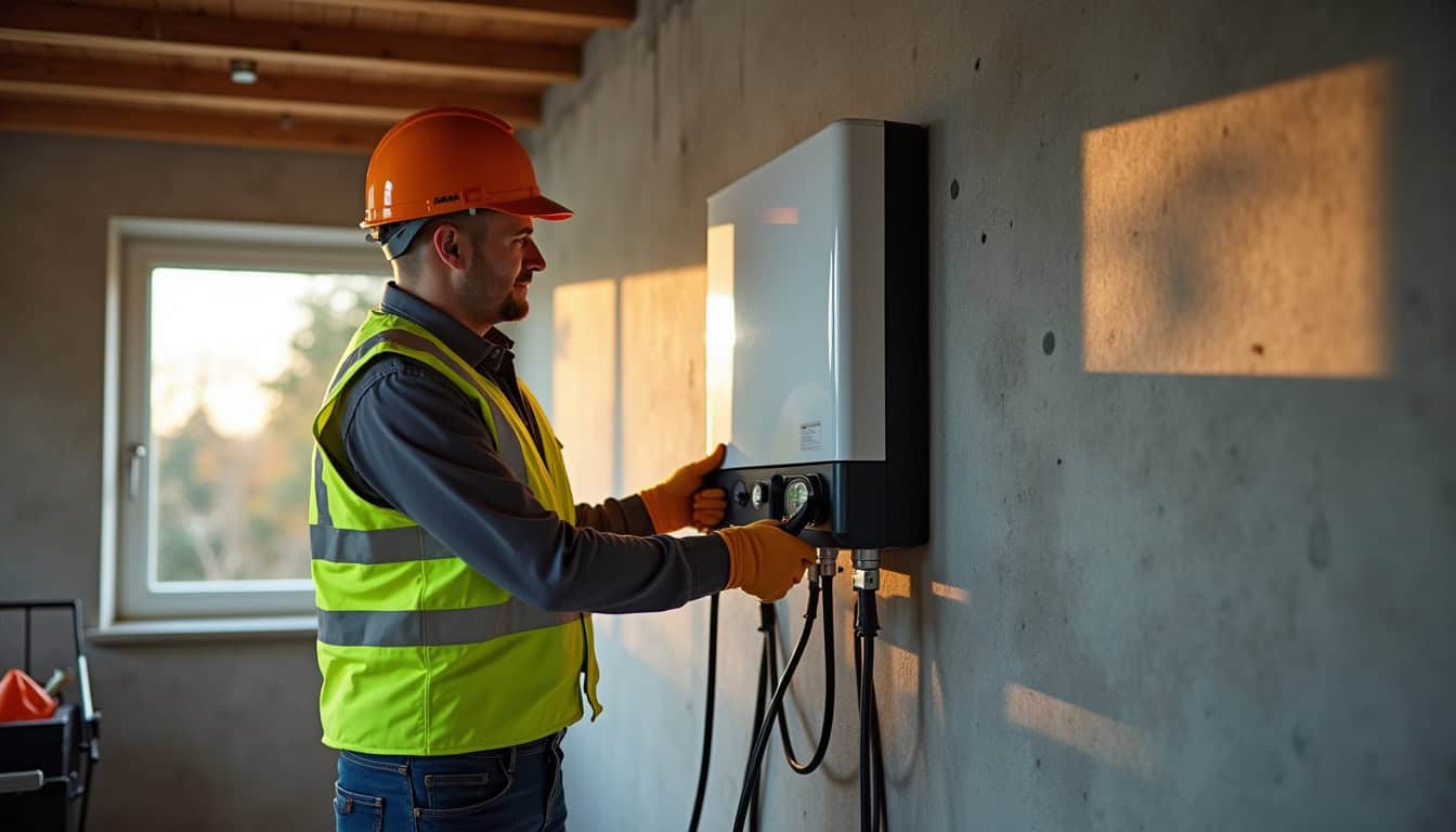 Électricien certifié IRVE en train d'installer une borne de recharge dans un garage à Colombelles