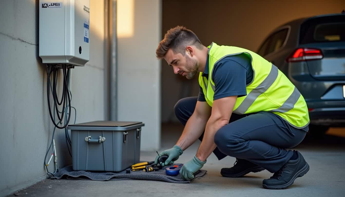 Électricien certifié IRVE en train d'installer une borne de recharge dans un garage à La Ferrière
