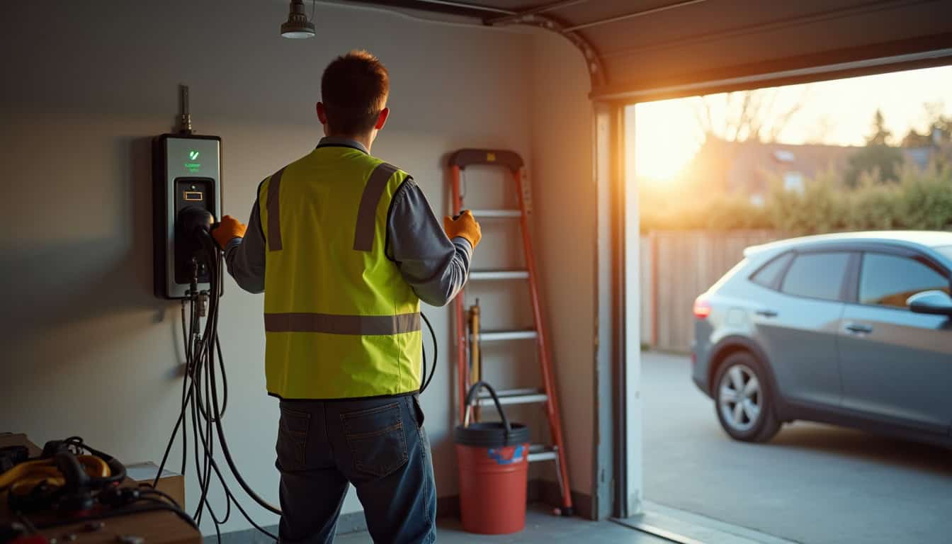 Électricien certifié IRVE en train d'installer une borne de recharge dans un garage à Orgeval