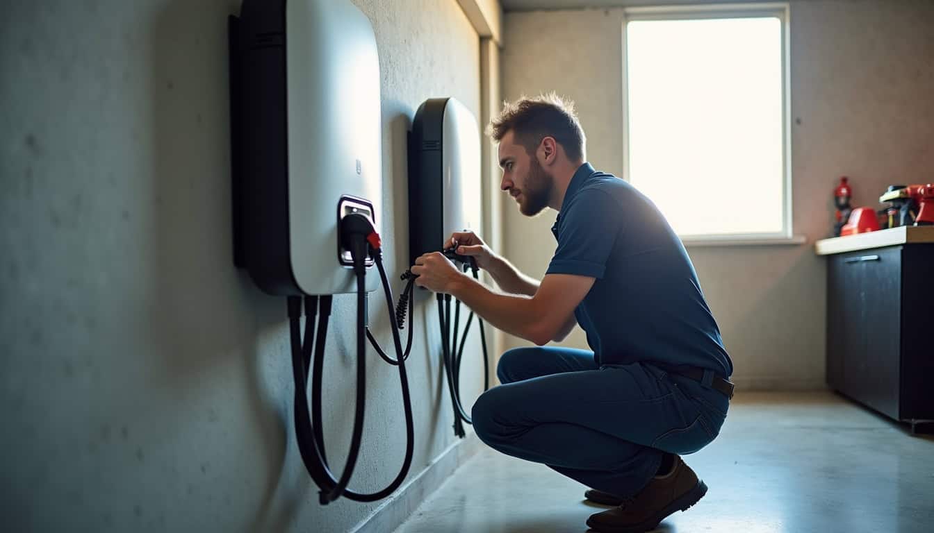 Électricien certifié IRVE en train d'installer une borne de recharge dans un garage à Pleyber-Christ