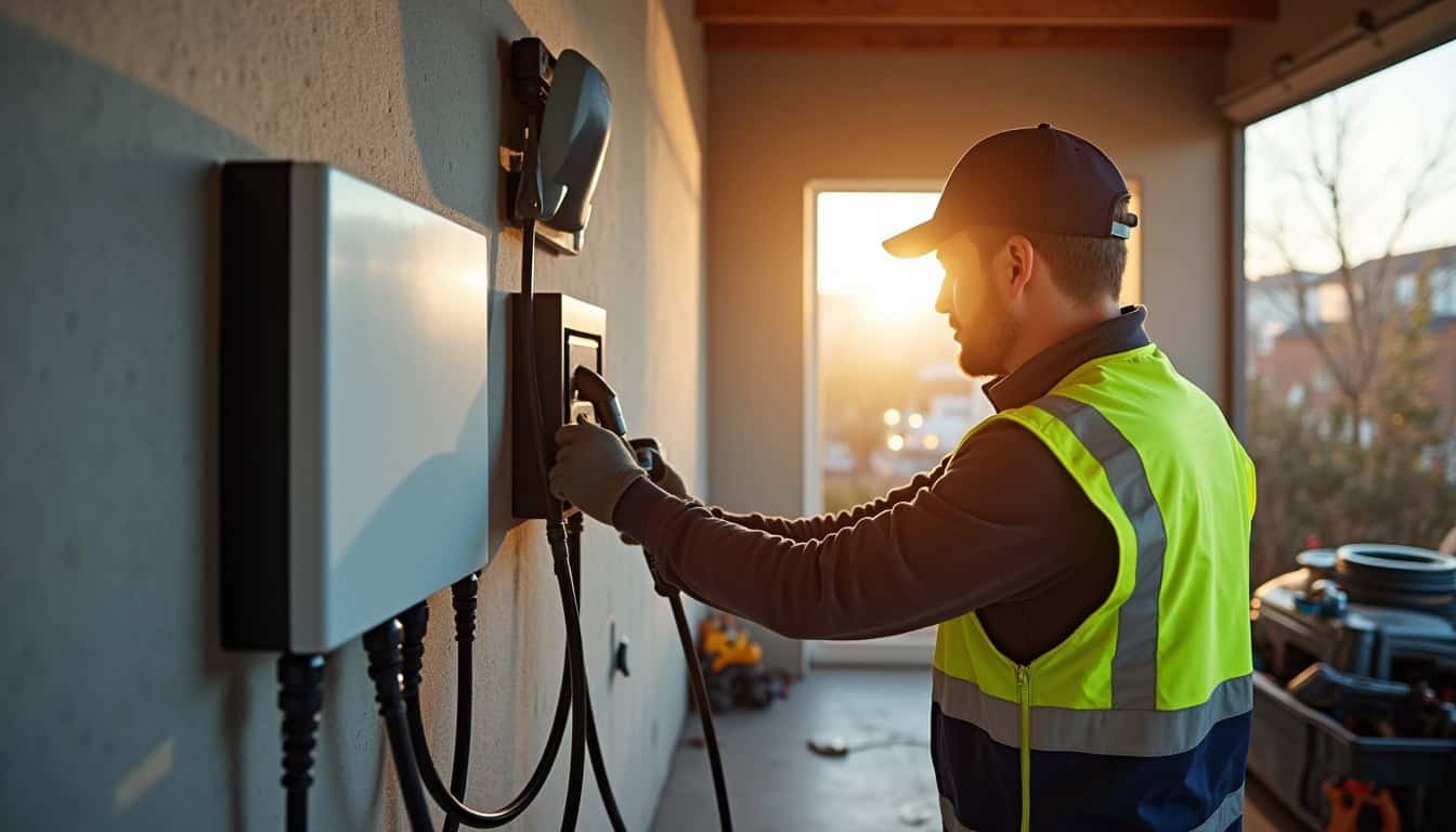 Électricien certifié IRVE en train d’installer une borne de recharge dans un garage à Saint-Ay