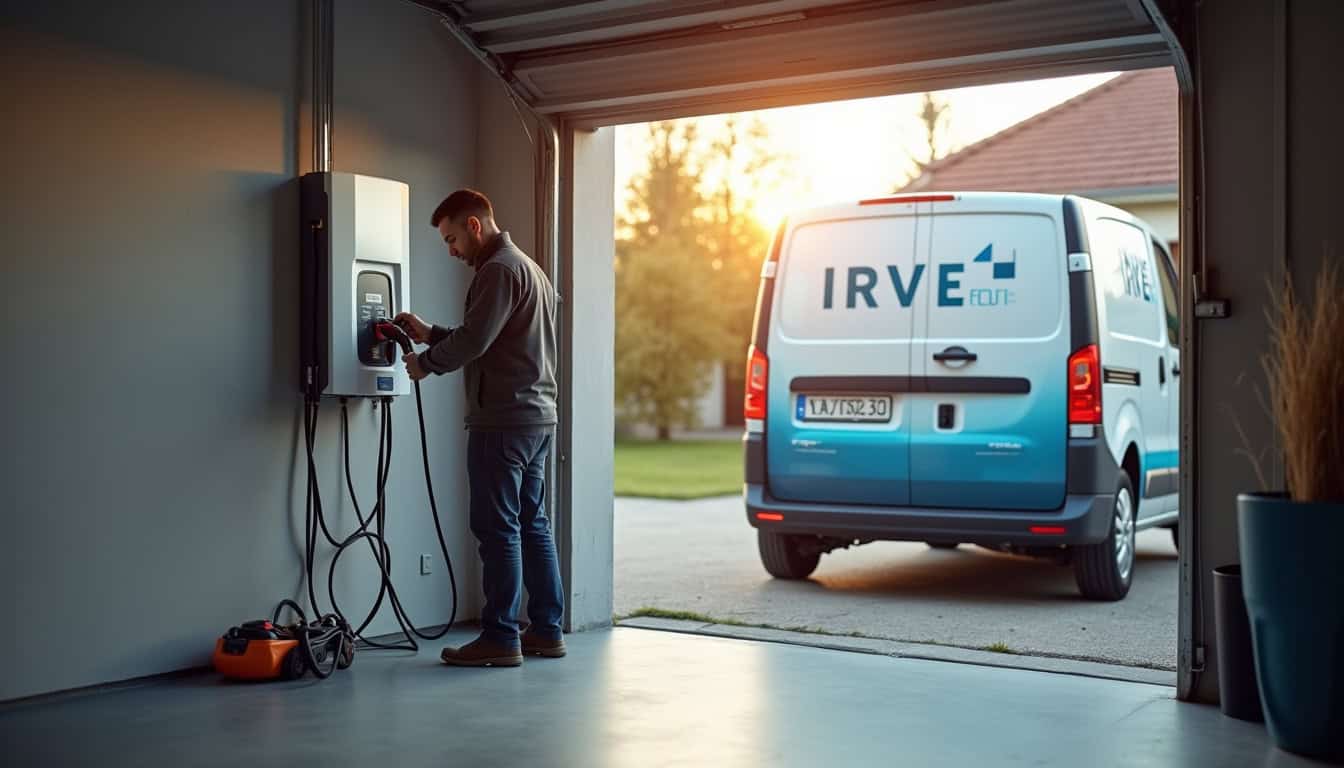 Électricien certifié IRVE en train d'installer une borne de recharge dans un garage à Saint-Gengoux-le-National
