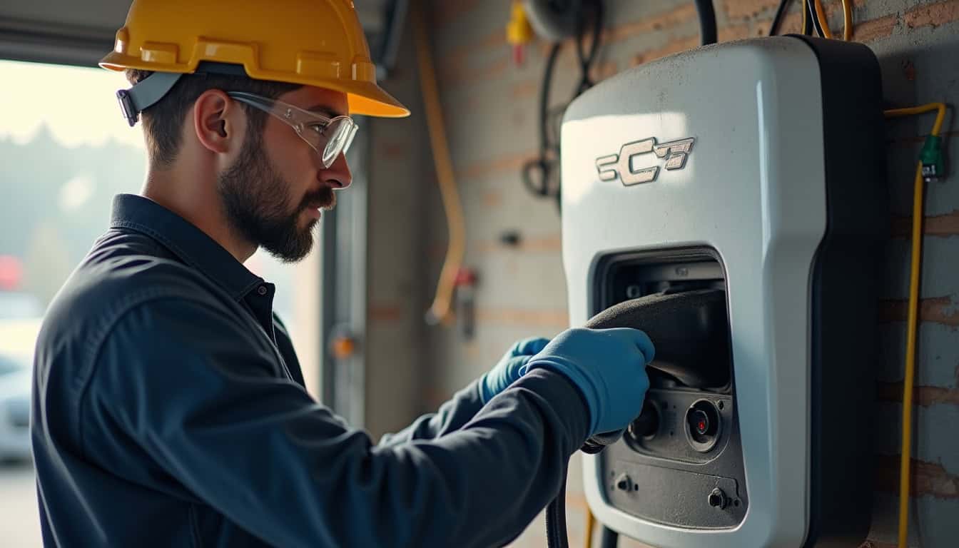 Électricien certifié IRVE en train d'installer une borne de recharge dans un garage à Saubion