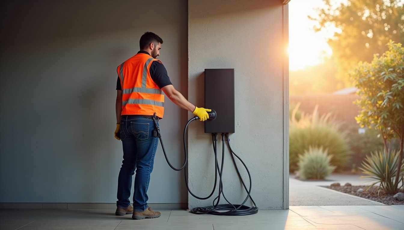 Électricien certifié IRVE en train d'installer une borne de recharge dans une maison à Angerville-la-Campagne