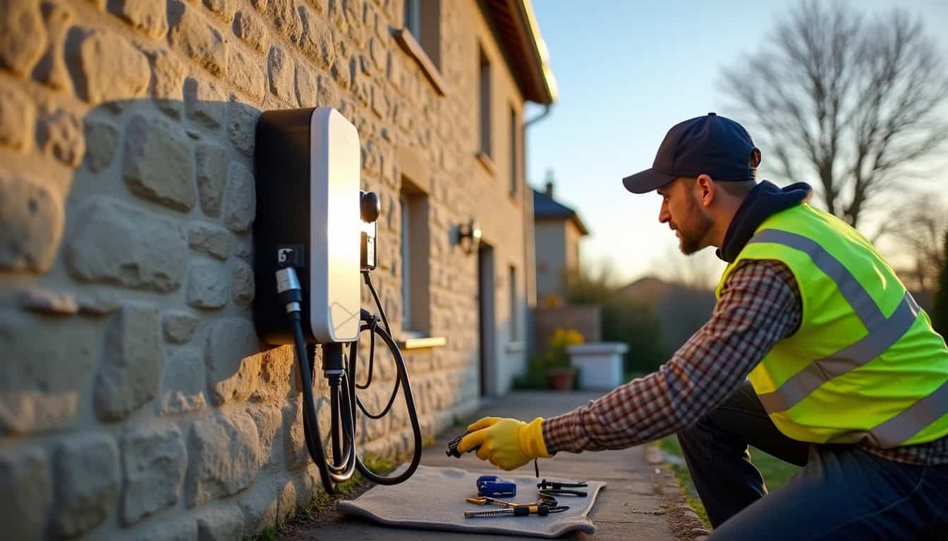 Électricien certifié IRVE en train d'installer une borne de recharge dans une maison à Bournoncle-Saint-Pierre