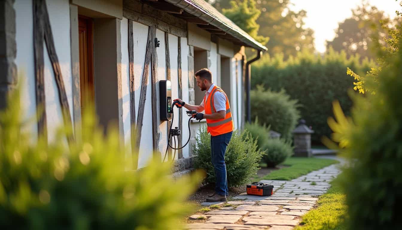 Électricien certifié IRVE en train d'installer une borne de recharge dans une maison en Normandie, près de La Lande-Patry