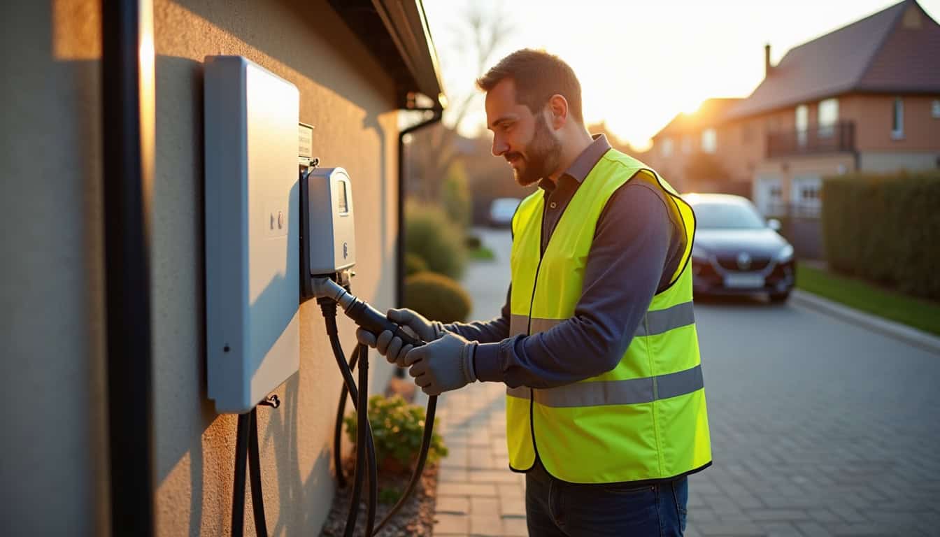 Électricien certifié IRVE en train d'installer une borne de recharge électrique à Compertrix