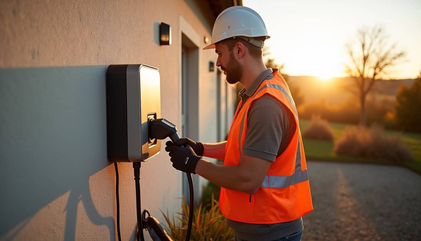 Électricien certifié IRVE en train d'installer une borne de recharge électrique à Le Controis-en-Sologne