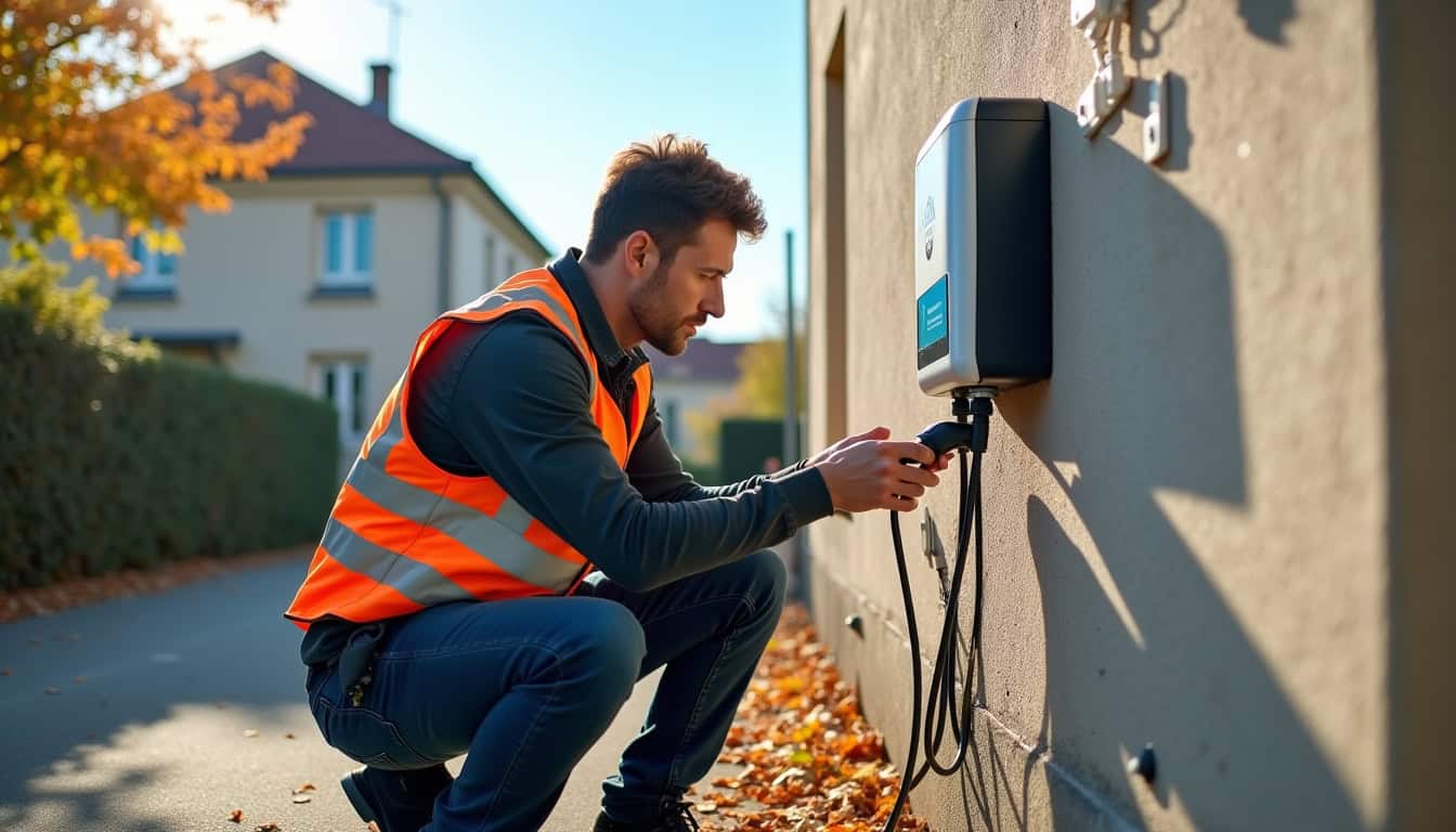 Électricien certifié IRVE en train d'installer une borne de recharge électrique à Liesse-Notre-Dame