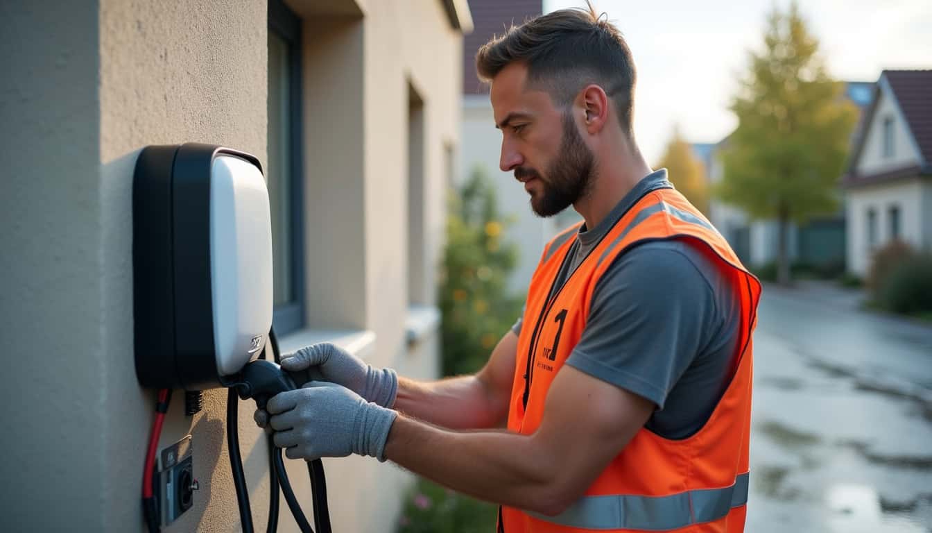 Électricien certifié IRVE en train d'installer une borne de recharge électrique à Oullins-Pierre-Bénite