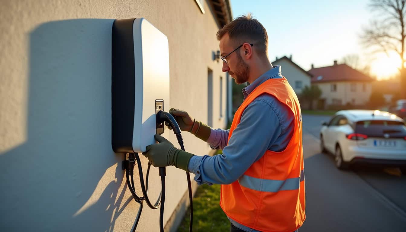Électricien certifié IRVE en train d'installer une borne de recharge électrique à Pouilly-lès-Feurs