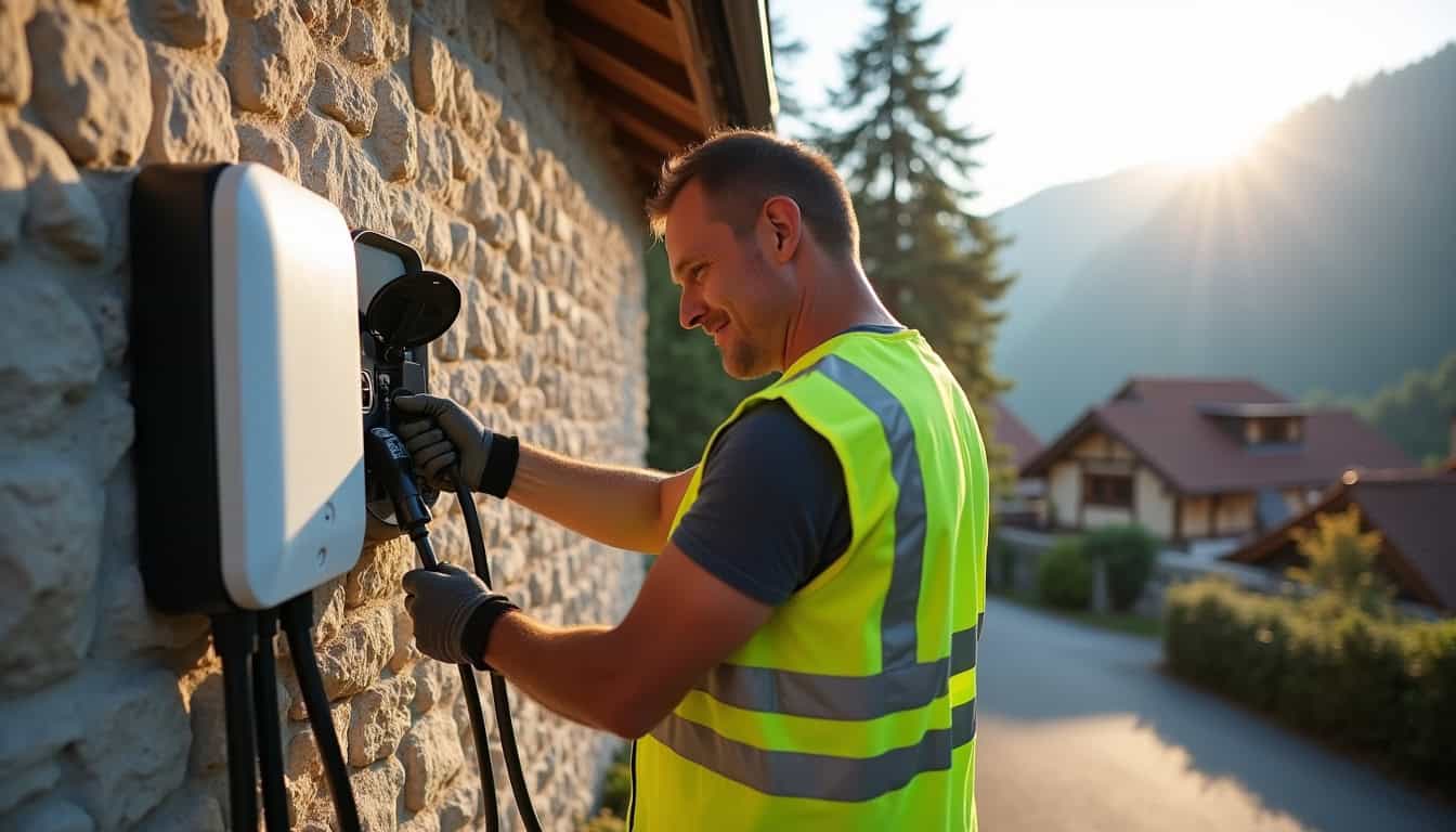 Électricien certifié IRVE en train d'installer une borne de recharge électrique à Prémanon