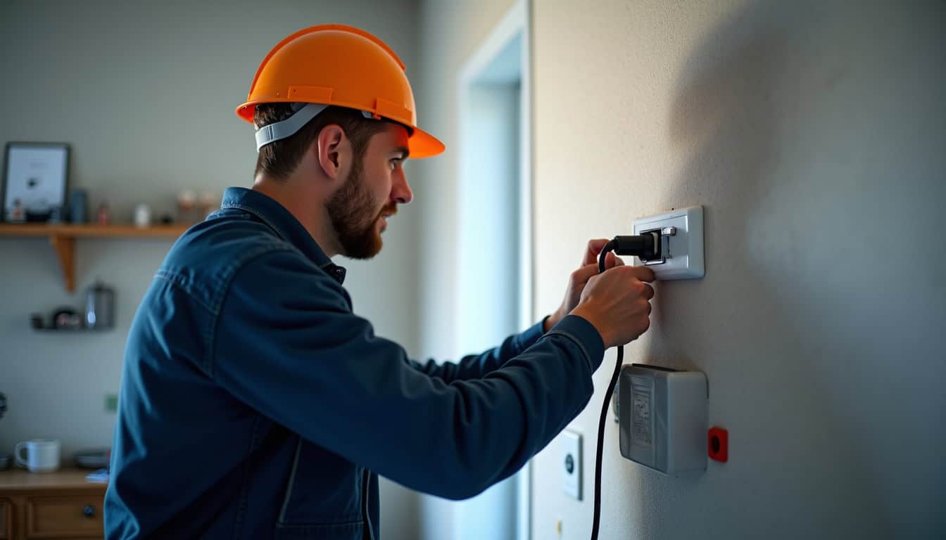 Électricien certifié IRVE en train d'installer une borne de recharge électrique à Secondigny, vérifiant les connexions sur le tableau électrique