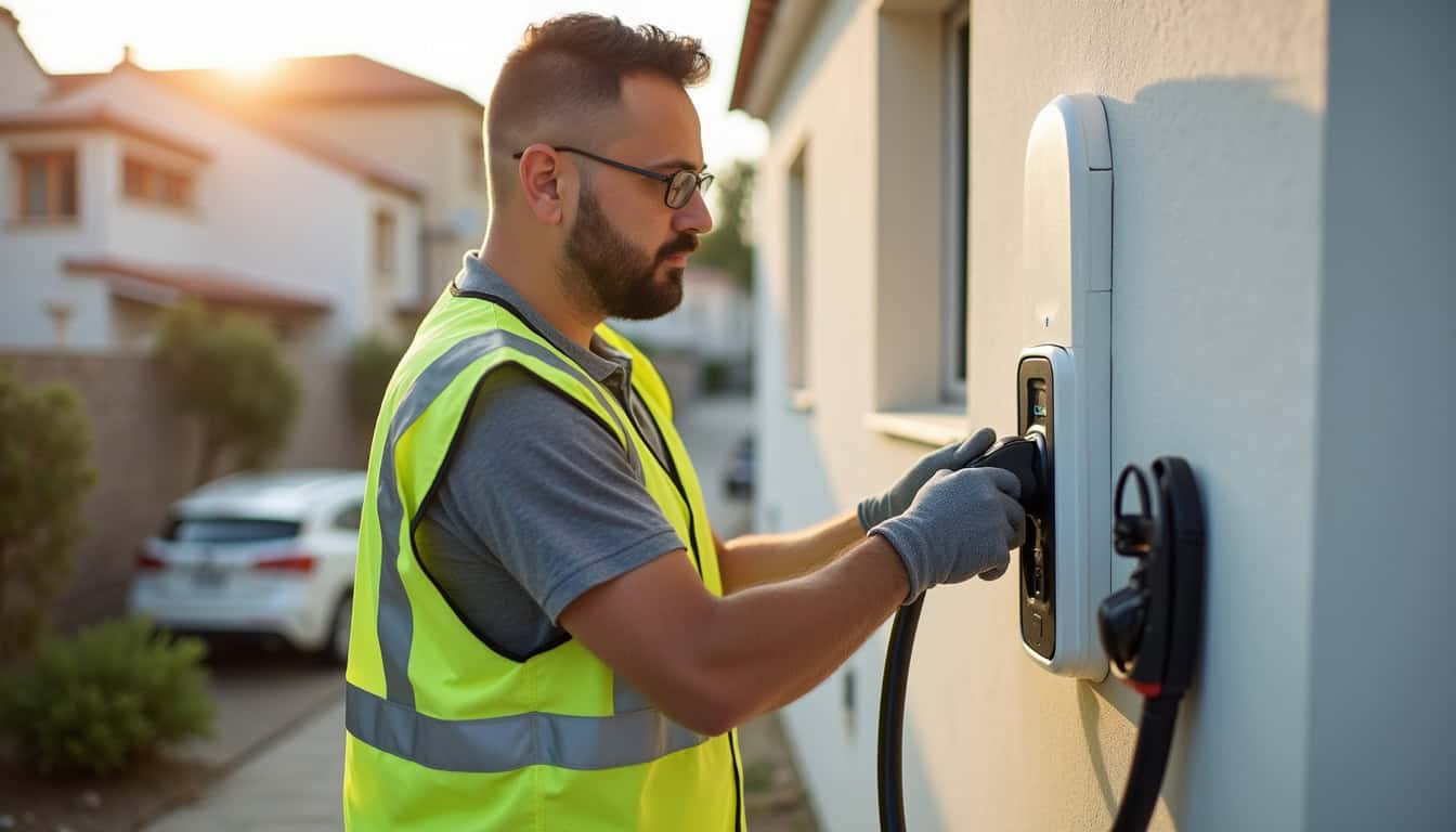 Électricien certifié IRVE en train d'installer une borne de recharge électrique