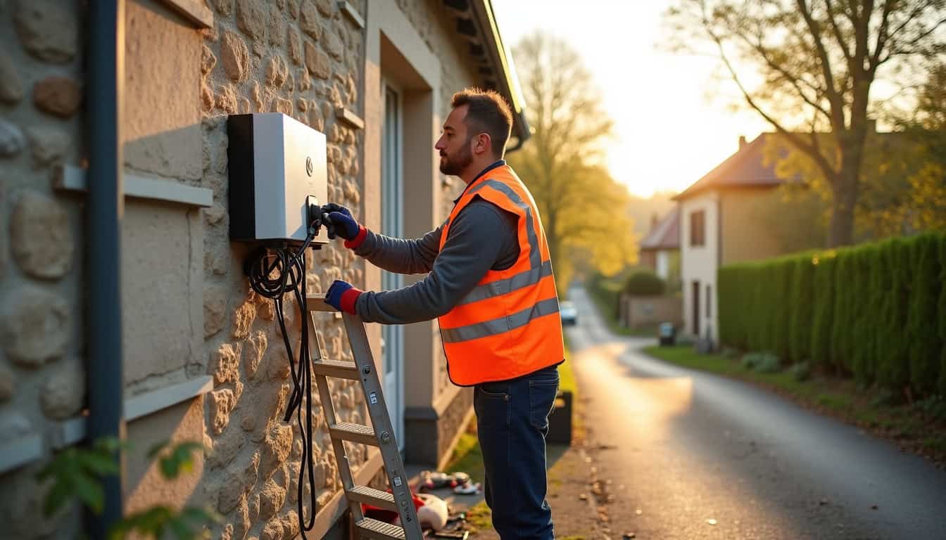 Électricien certifié IRVE en train d’installer une borne de recharge en Mayenne