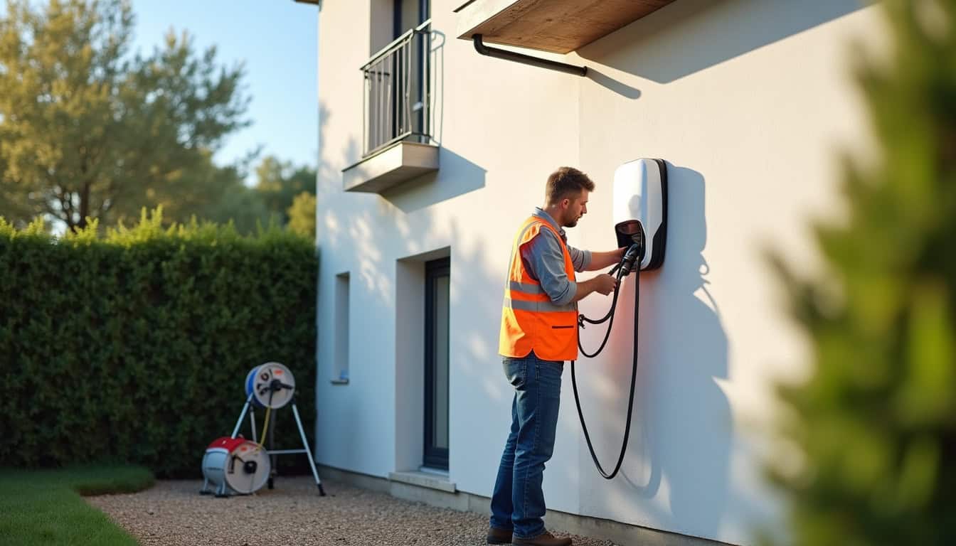 Électricien certifié IRVE en train d’installer une borne de recharge murale à Andouillé