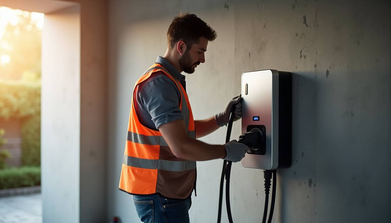 Électricien certifié IRVE en train d’installer une borne de recharge murale à Arzens