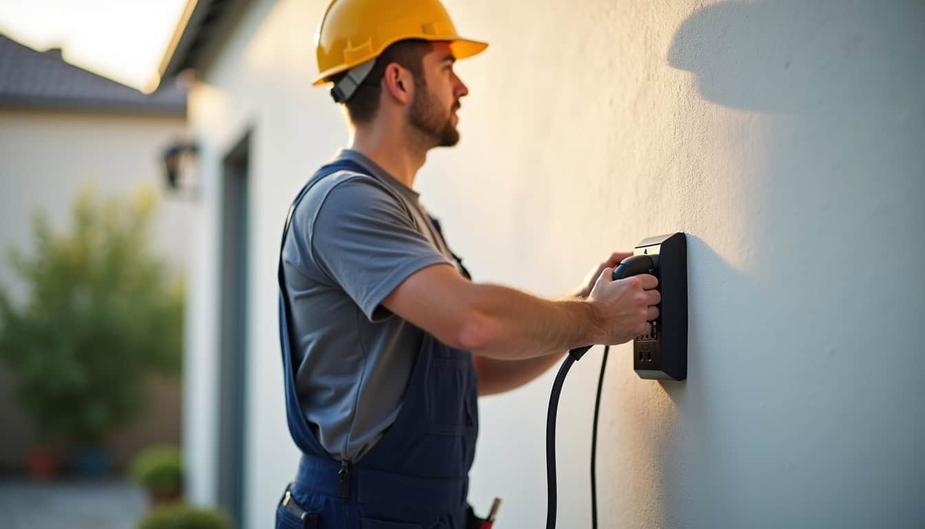 Électricien certifié IRVE en train d'installer une borne de recharge murale à Foussais-Payré