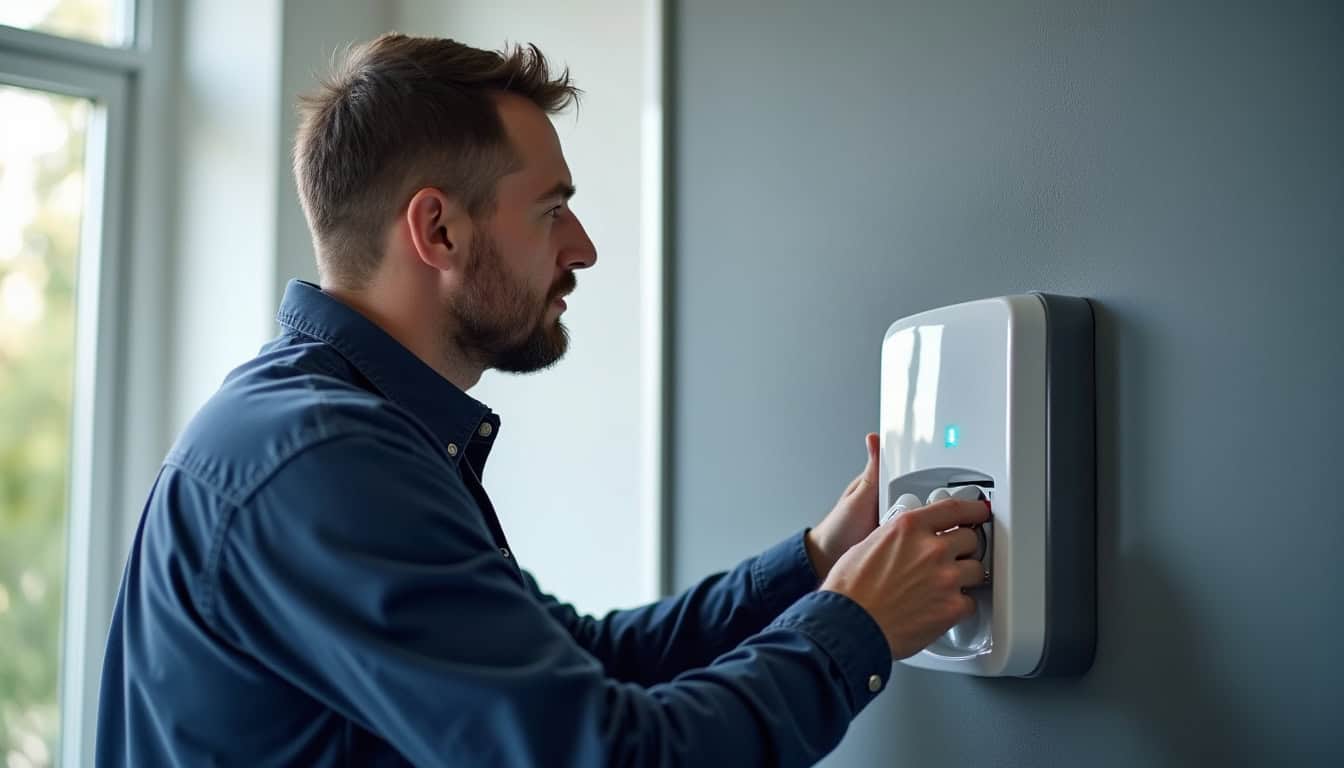Électricien certifié IRVE en train d'installer une borne de recharge murale à Heimsbrunn