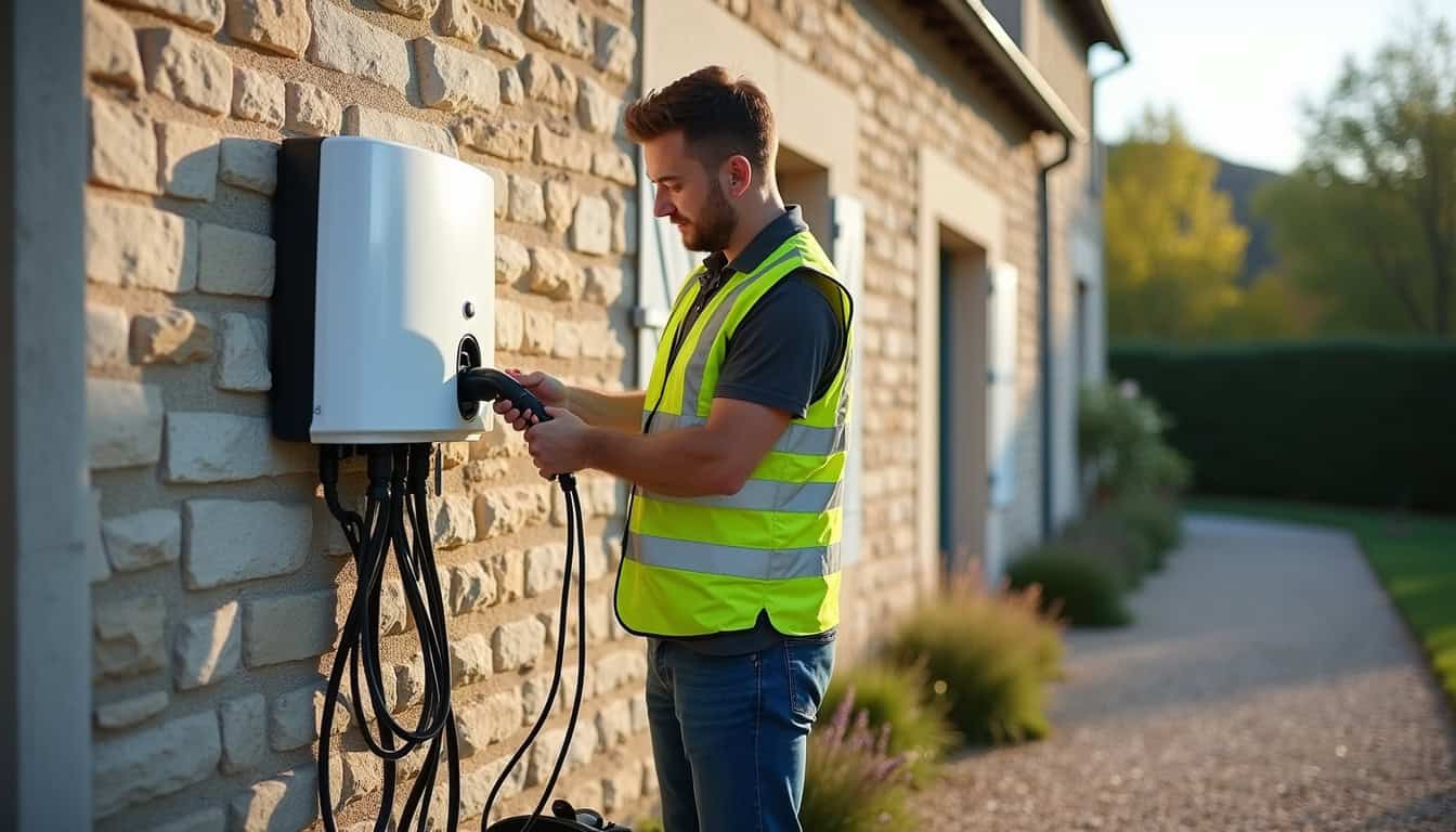 Électricien certifié IRVE en train d'installer une borne de recharge murale à Lassay-les-Châteaux