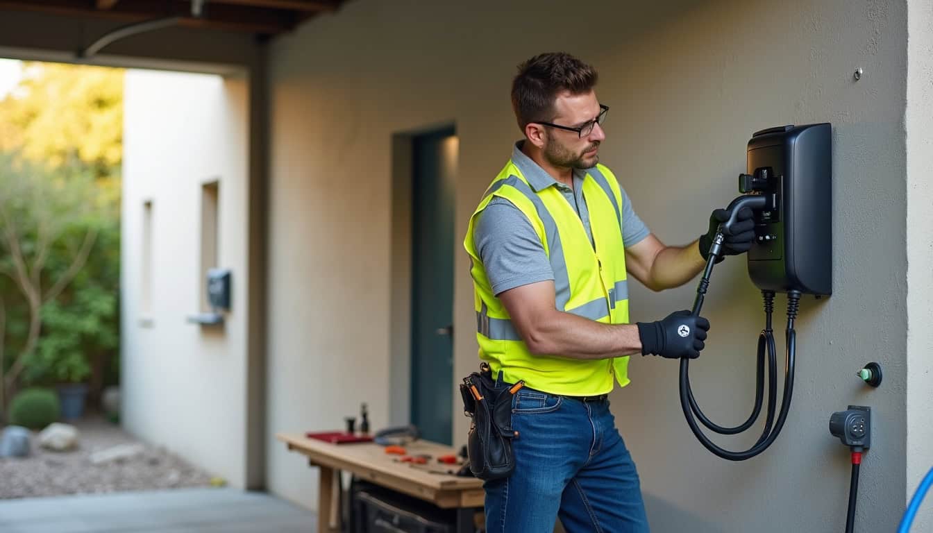 Électricien certifié IRVE en train d’installer une borne de recharge murale à Pont-sur-Yonne