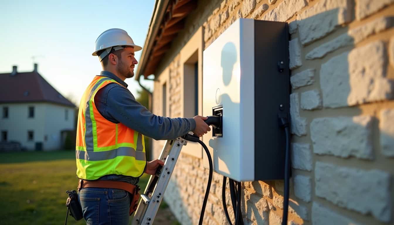 Électricien certifié IRVE en train d’installer une borne de recharge murale à Thénezay