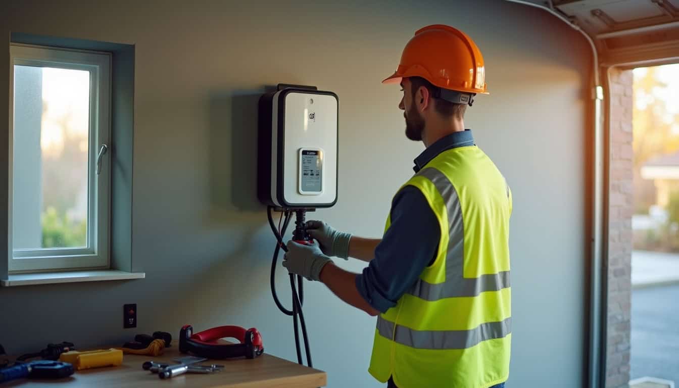 Électricien certifié IRVE en train d’installer une borne de recharge murale dans un garage à Rabastens