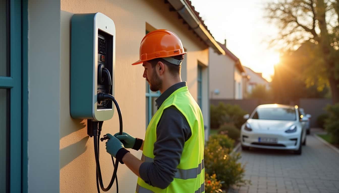 Électricien certifié IRVE en train d’installer une borne de recharge murale pour véhicule électrique à Puiseux-en-France