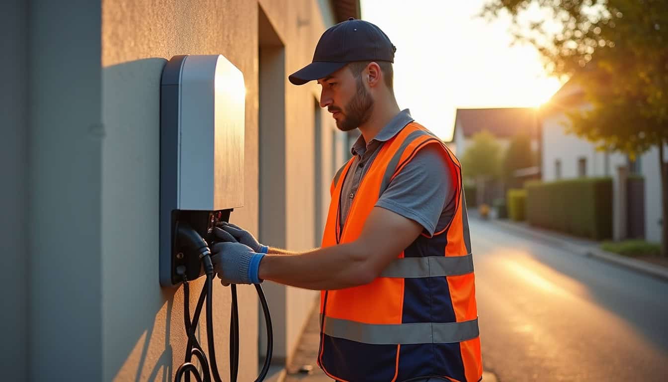 Électricien certifié IRVE en train d'installer une borne de recharge murale