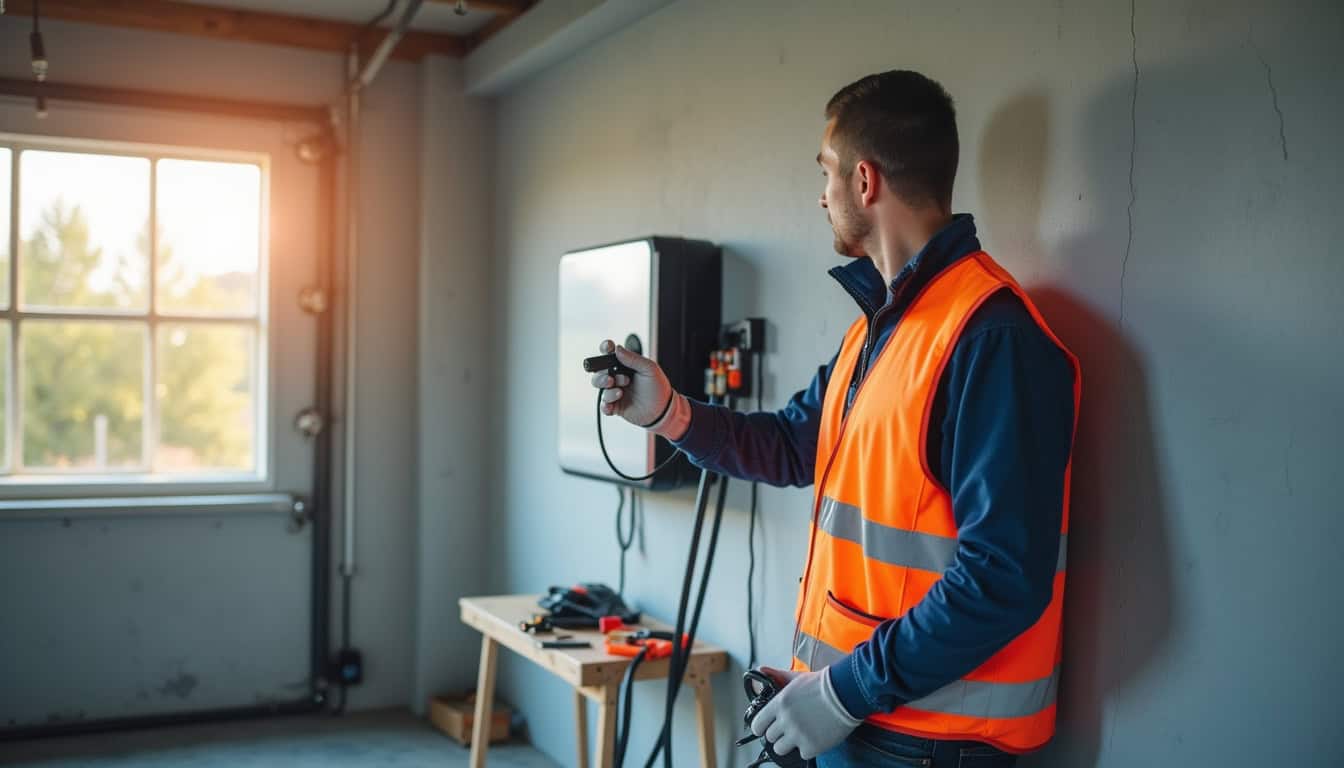 Électricien certifié IRVE en train d'installer une borne de recharge murale