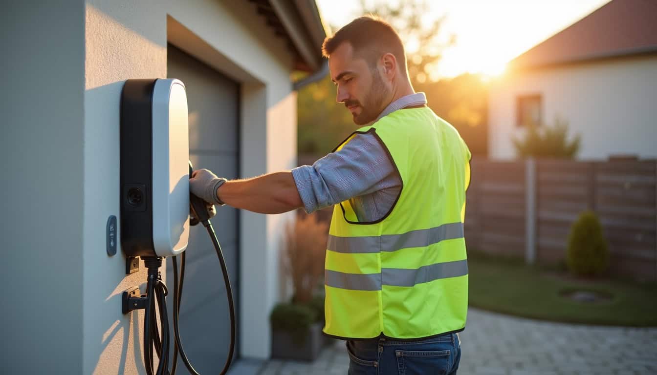 Électricien certifié IRVE en train d’installer une borne de recharge pour véhicule électrique à Le Thou