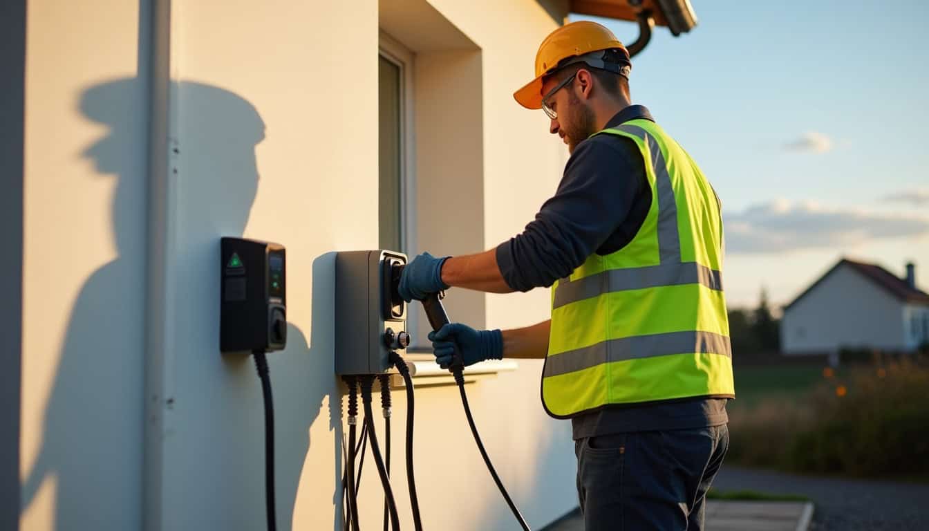 Électricien certifié IRVE en train d'installer une borne de recharge pour véhicule électrique à Saint-Médard-en-Jalles