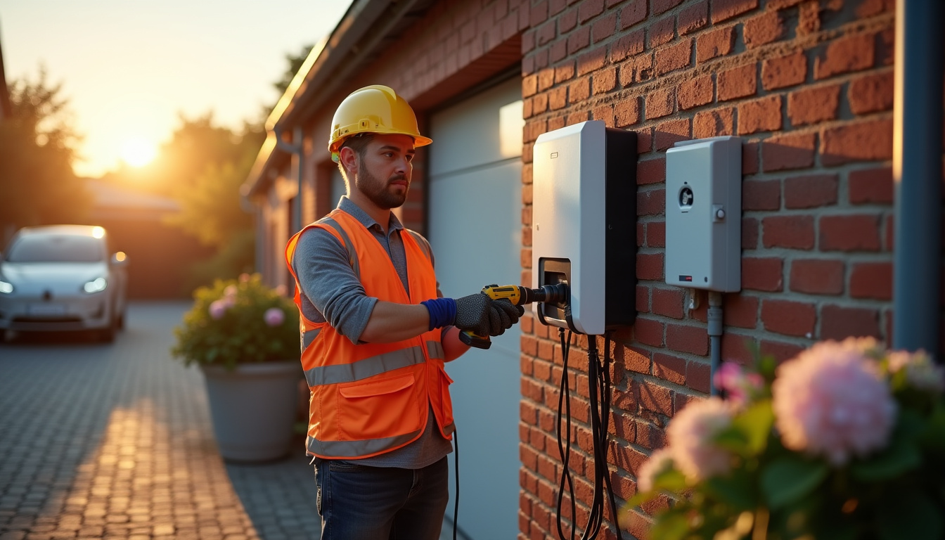 Électricien certifié IRVE en train d’installer une borne de recharge pour véhicule électrique