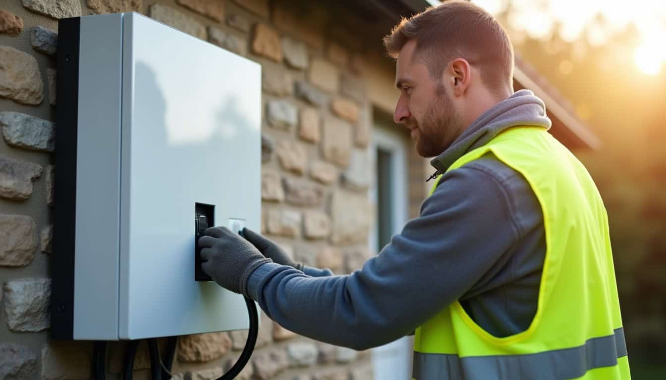 Électricien certifié IRVE en train d'installer une borne de recharge sur un mur extérieur à Montlebon