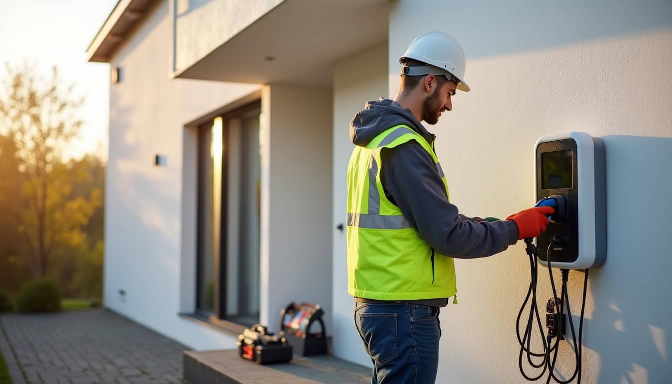 Électricien certifié IRVE en train d'installer une borne électrique à Hégenheim
