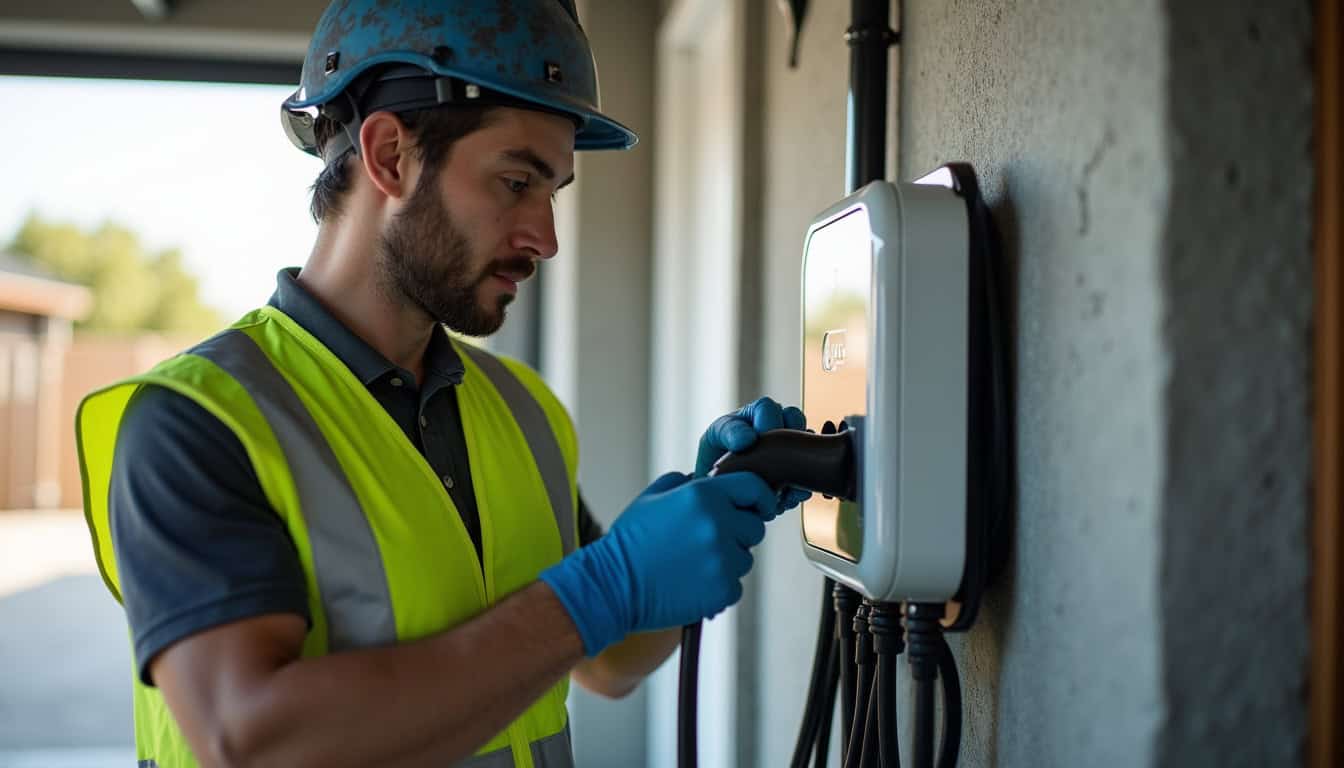 Électricien certifié IRVE en train d'installer une borne électrique