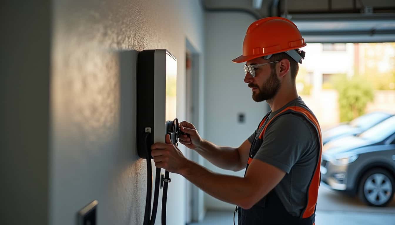 Électricien certifié IRVE en train d'installer une borne murale à Huismes