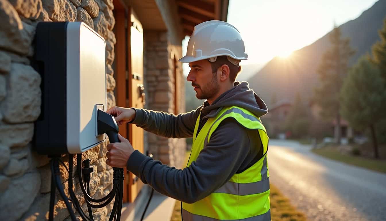 Électricien certifié IRVE installant une borne à Montjoie-en-Couserans