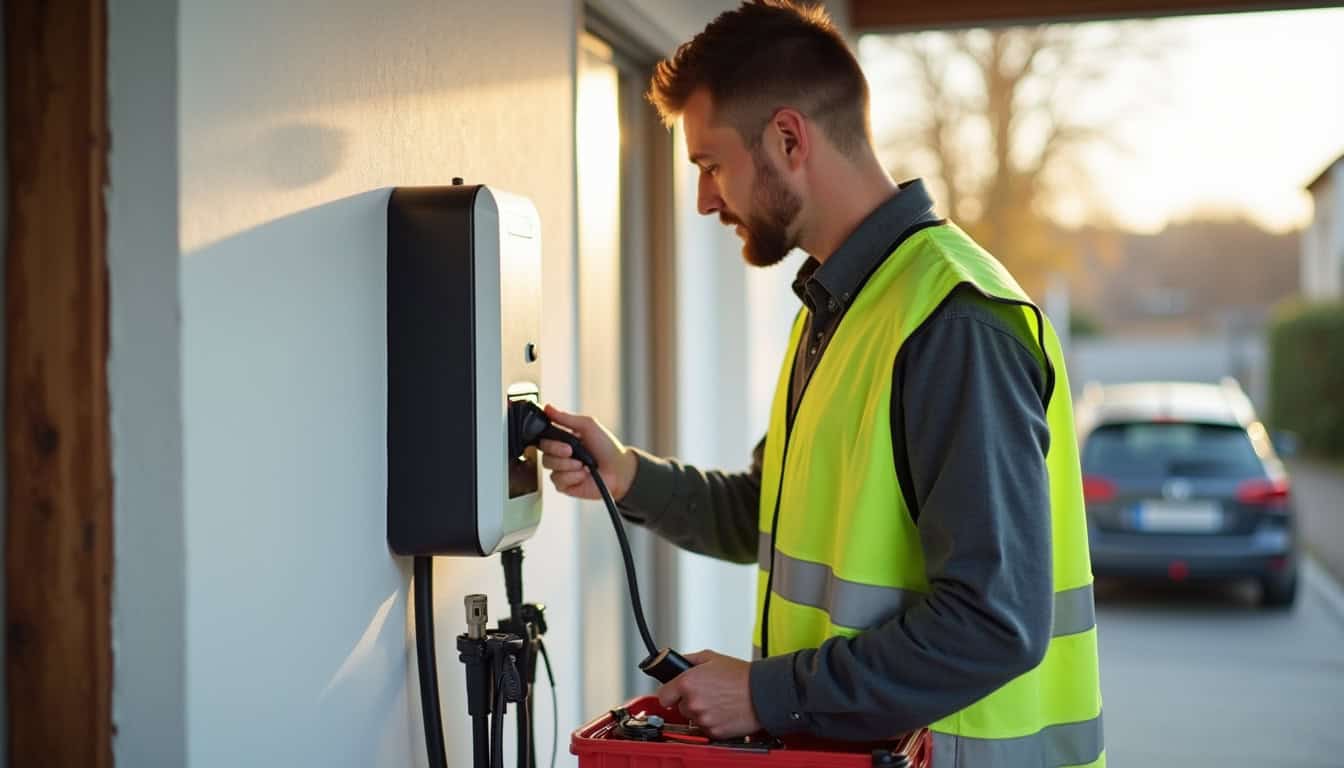 Électricien certifié IRVE installant une borne de recharge à Cogny