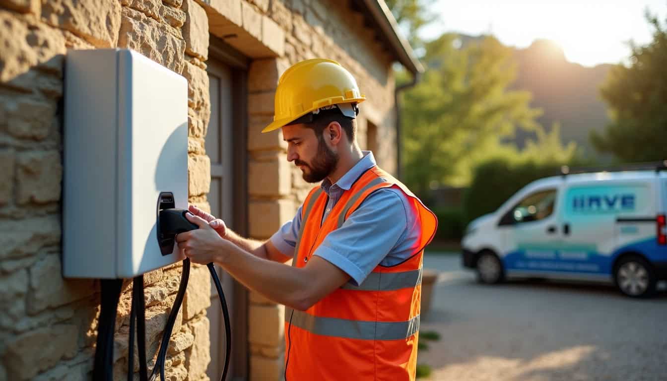 Électricien certifié IRVE installant une borne de recharge à Cornil