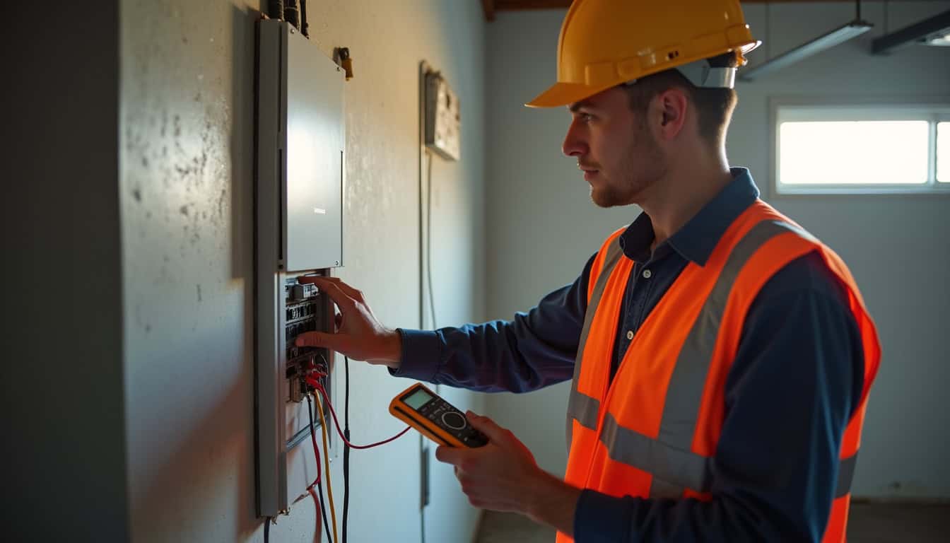 Électricien certifié IRVE réalisant un diagnostic technique avant installation