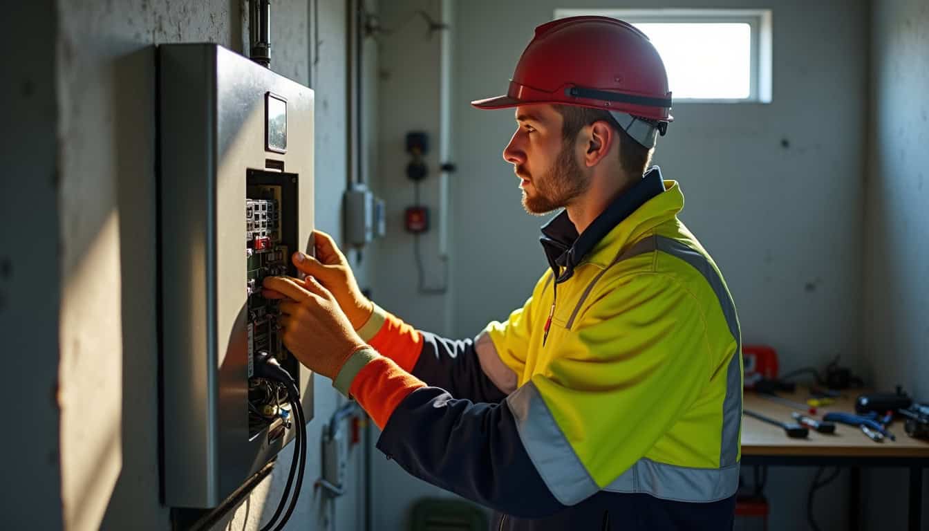 Électricien certifié IRVE réalisant un diagnostic technique dans un garage à La Bassée
