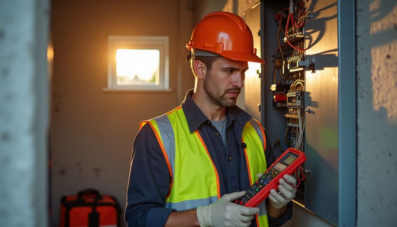 Électricien certifié IRVE vérifiant un tableau électrique à Le Castelet avant installation